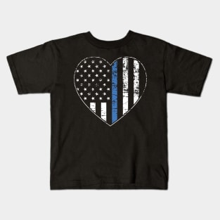 Thin Blue Line Distressed American Flag Heart Kids T-Shirt